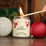About this product Let them know you like their balls, sparkly and all. Scent notes: Pomegranite, Cider, Cranberry (Scents May Change) Size: 9oz Glass jar with lid Wax: Coconut apricot wax blend candle Dimensions 1.5x1.5x2 80+ hr burn time Made and shipped from California USA Details • Made in United States • Dimensions: 2.9" l x 2.9" w x 3.5" h • Weight: 0.9 lb