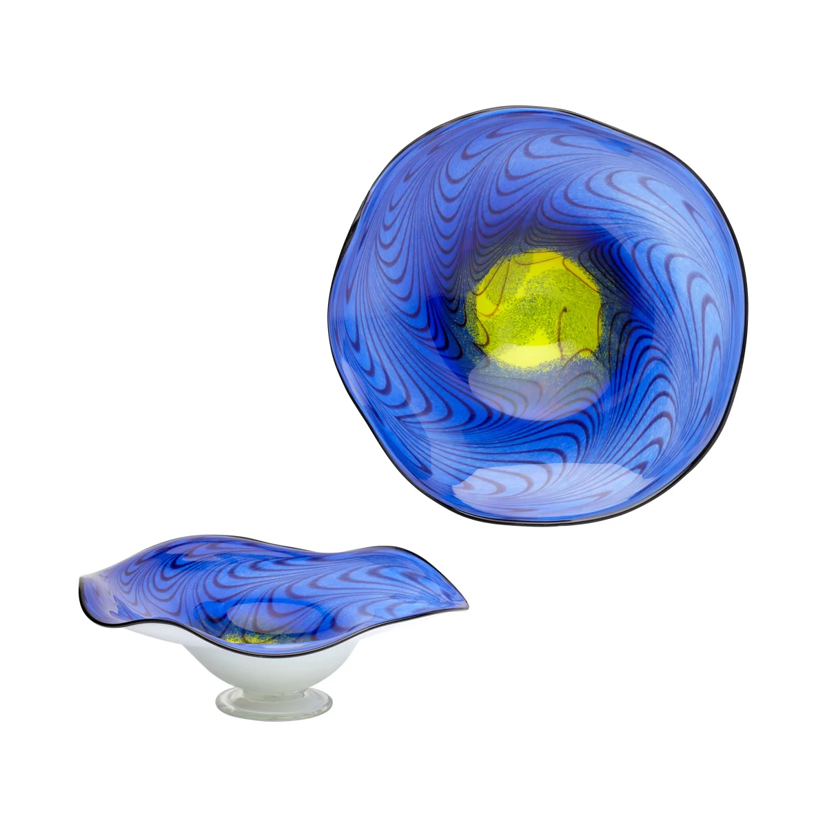 Cobalt blue swirls to a pool of inviting yellow. A stunning large art glass bowl brings exceptional decorative appeal to a dining table or sideboard. Add a splash of color and artistry. Artisan Produced: This product, or portions of this product have been hand crafted by artisans. Each piece is unique and can vary in finish, tone, texture and color. Qty Available: 43 Dimensions: L 19.75 X W 19.75 X H 7.50 Weight: 23 lbs. Finish: Cobalt Blue Materials: Glass