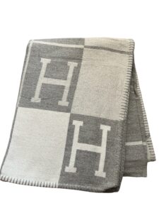 H Monogram Cashmere Wool Throw Blanket - Grey and Cream