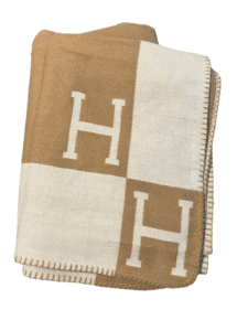 H Monogram Cashmere Wool Throw Blanket - Taupe and Cream