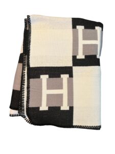 H Monogram Cashmere Wool Throw Blanket - Black Grey and Cream