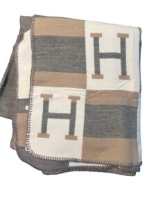 H Monogram Cashmere Wool Throw Blanket - Taupe Grey and Cream